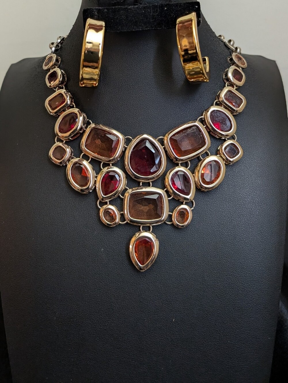 Gold-Tone & Amber Color Statement Necklace and Earring Set